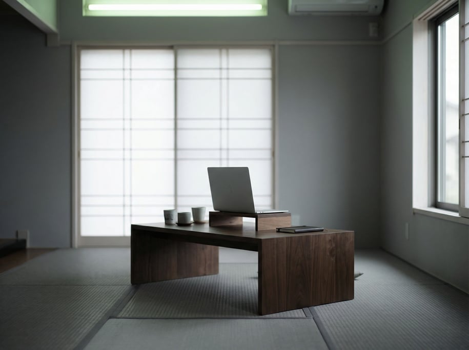 A minimalist Japanese-style floor desk, laptop on a low walnut platform, tatami mat (rsxs)