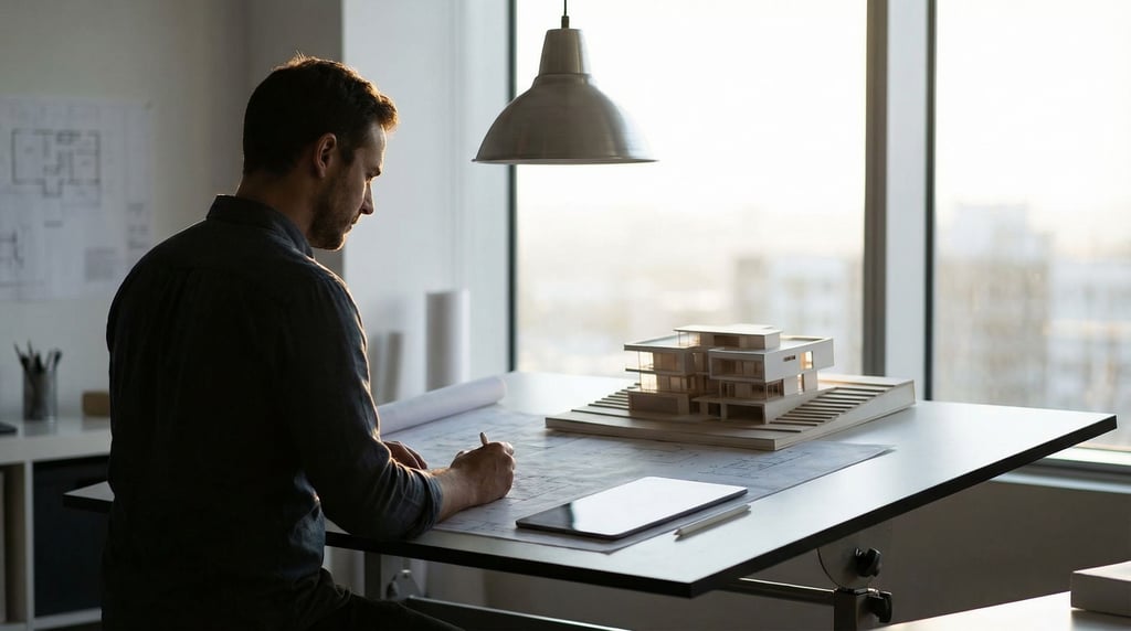 An architect's drafting table with blueprints, a scale model, and a slim tablet (zk)