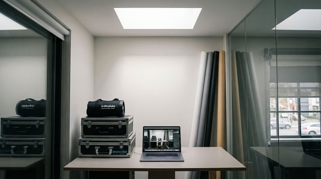 A photography studio office area, laptop next to lighting equipment cases (cdgt4snz)