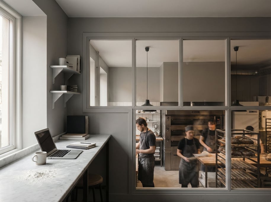 A bakery office above the kitchen, laptop on a flour-dusted marble counter (chleaac)