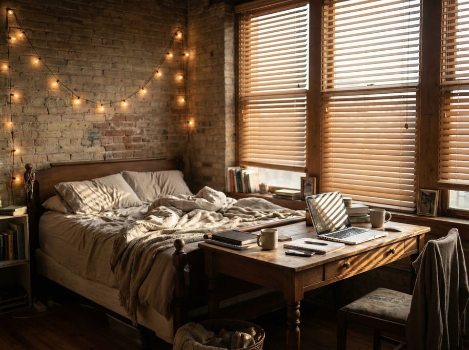 A loft bedroom workspace, laptop on a desk at the foot of an unmade bed, exposed brick wall (p8vhh5va)
