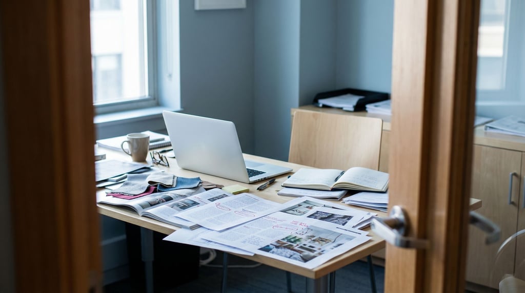 A magazine editor's desk piled with printed layouts, laptop barely visible among the paper (plwjxv1g)