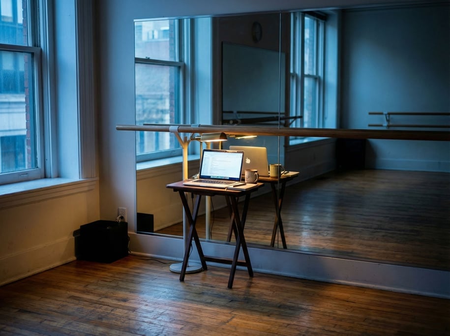 A ballet studio office corner, laptop on a folding table against a mirrored wall (soynu1os)