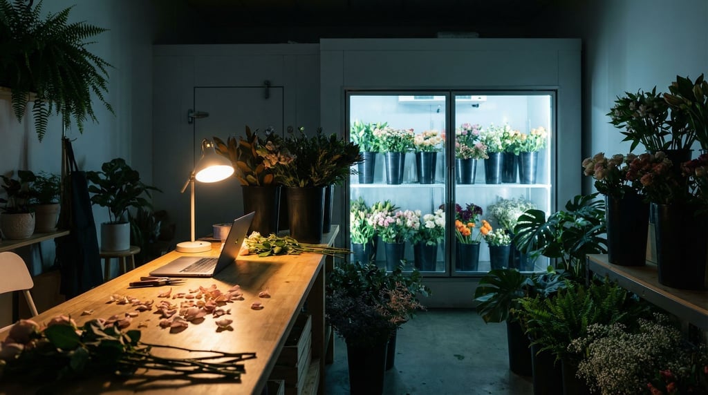 A florist's back room workspace, laptop surrounded by buckets of stems, petals on the counter (ekipnj8t)