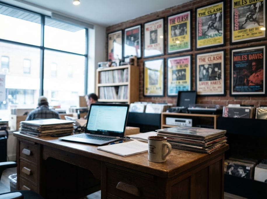 A record store office, laptop on a desk surrounded by stacked vinyl (4nlv3ple)