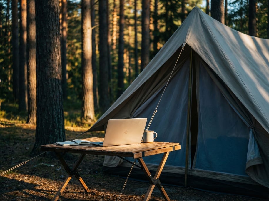 A camping setup workspace, laptop on a portable table outside a tent, forest clearing (gkhspj7d)