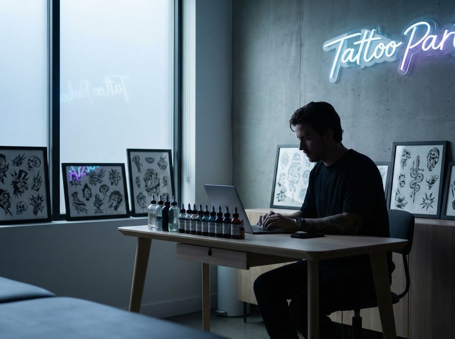 A tattoo parlor office nook, laptop next to flash sheets and ink bottles (bykurdmu)