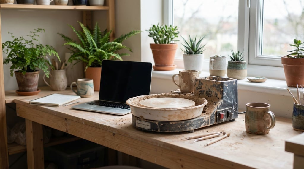 A ceramicist's workbench doubling as a desk, laptop next to a pottery wheel (jxppg838)