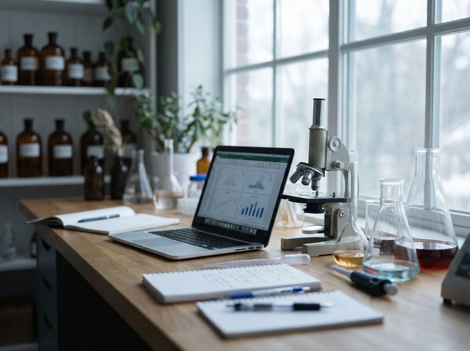 A scientist's lab bench doubling as a workspace, laptop next to a microscope (mtduq8rj)