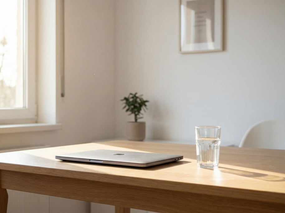 An empty minimal desk with just a closed laptop and a glass of water, clean white walls (hytsj9pp)