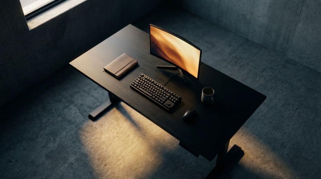 A dark moody workspace with a matte black desk, mechanical keyboard (scbueivm)