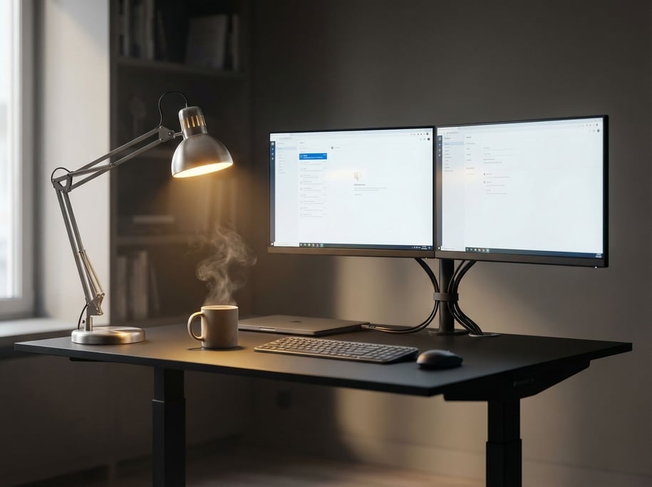 A modern workspace with dual monitors on a sit-stand desk, cable-managed (uak2glqc)