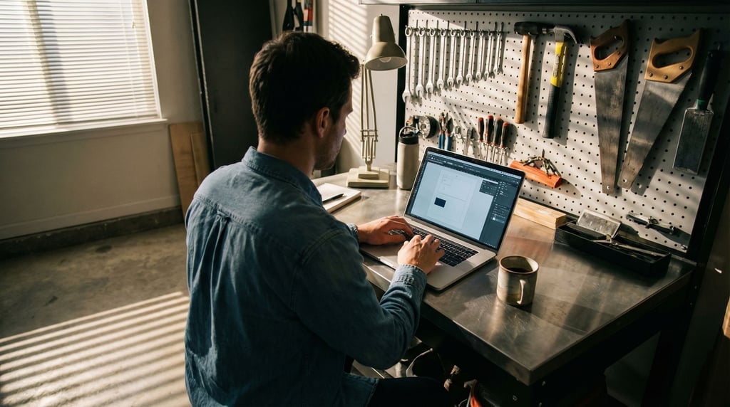 A converted garage workshop, laptop on a steel workbench, tools hanging on pegboard behind (lqz3lr1q)