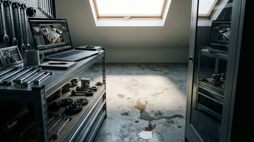 A motorcycle garage office corner, laptop on a metal shelf unit (iungv2hp)