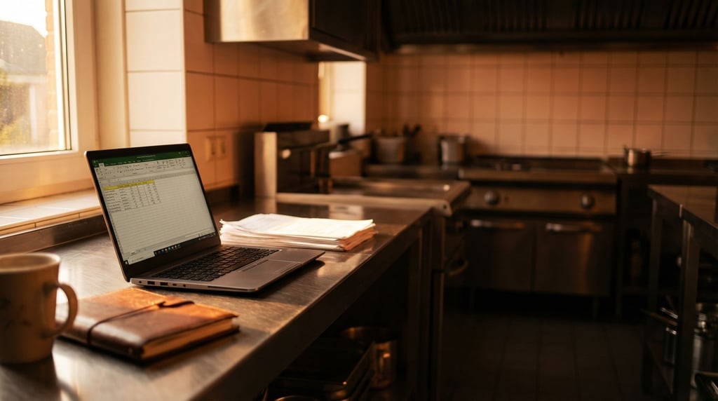 A restaurant kitchen office, laptop on a stainless steel prep station after hours (dnx0dspr)