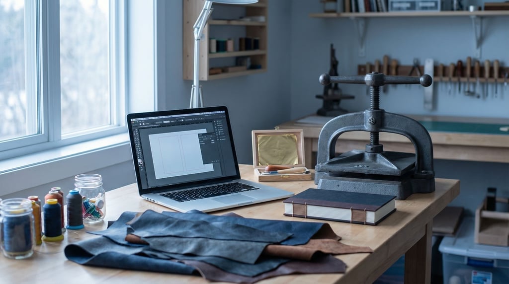 A bookbinder's studio, laptop next to a book press and gold leaf tools (k8zwsepu)
