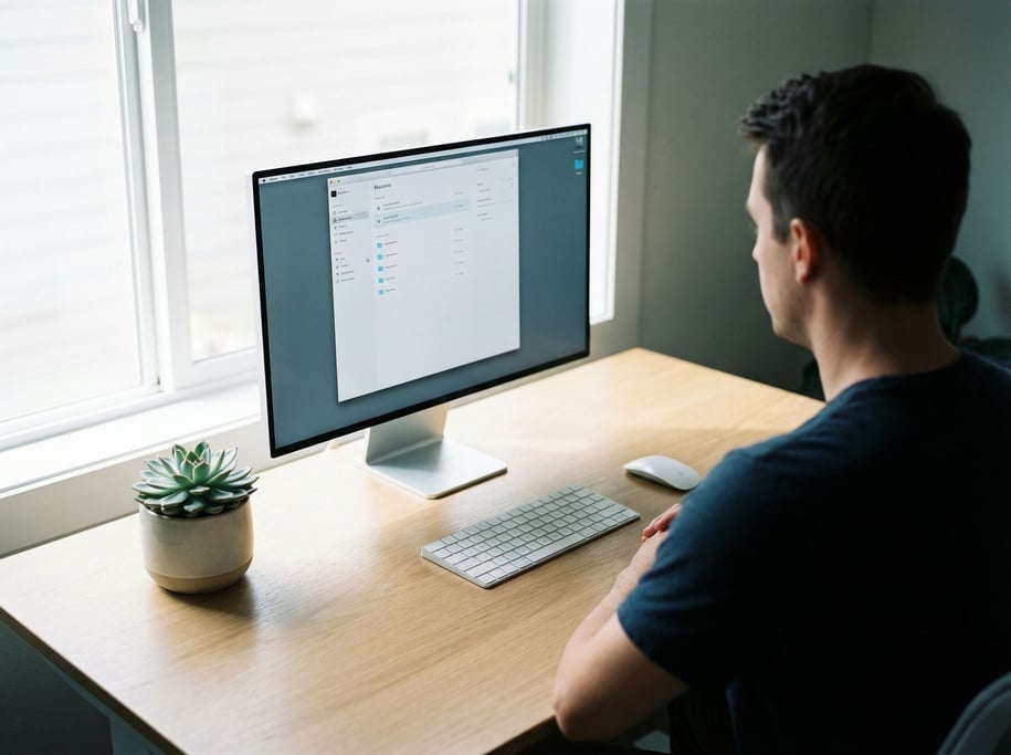 A sleek home office with a slim monitor on a white oak desk, wireless keyboard, single succulent (ovwakame)