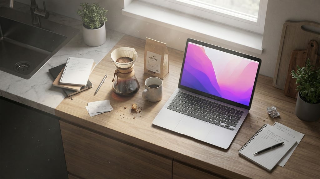 A modern kitchen counter repurposed as a workspace, MacBook next to a pour-over coffee setup (kfnfm2gu)