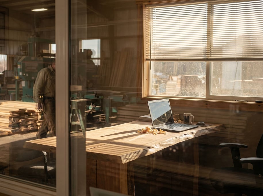 A woodworker's office in the corner of a sawmill, laptop on a live-edge slab desk (sv2cvx2e)
