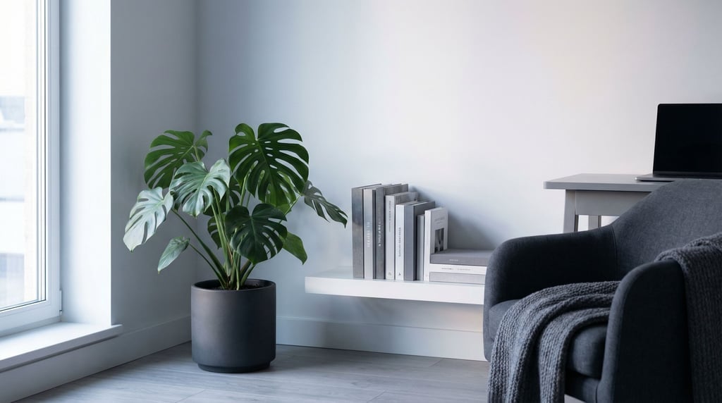 A home office corner with a monstera plant, books stacked on a floating shelf (pszbsehy)