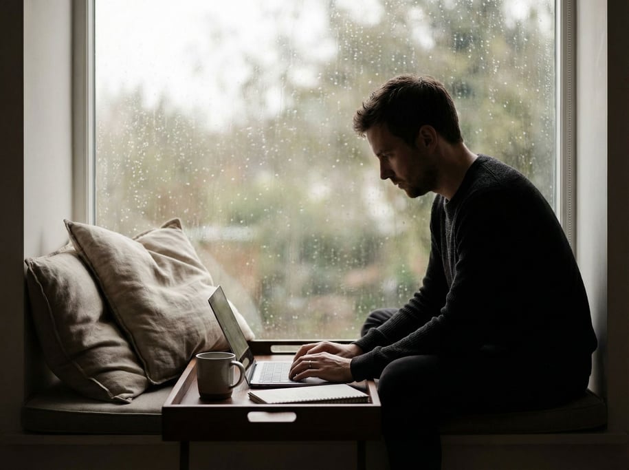 A window seat turned into a workspace, cushions pushed aside, laptop on a wooden tray (tkh)