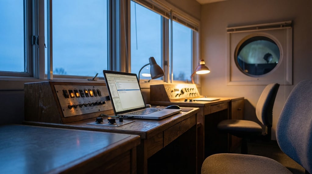 A planetarium control room, laptop next to a bank of dimmed switches (pxt9c3xa)