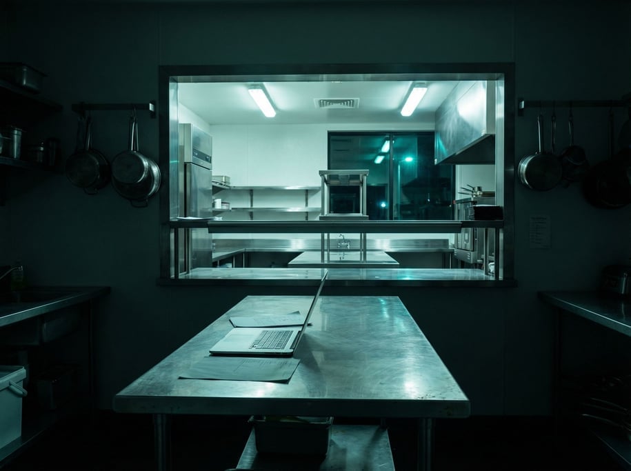 A restaurant kitchen office, laptop on a stainless steel prep station after hours (su9w6fsw)