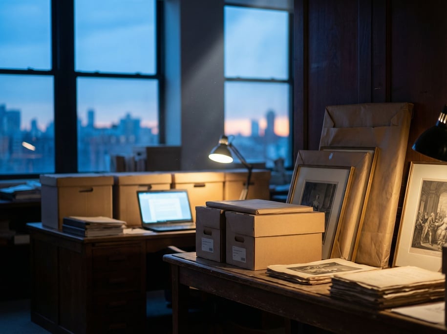 A museum curator's back office, laptop surrounded by archive boxes and framed prints leaning against (5z80bwib)