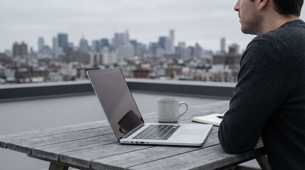 A rooftop workspace setup, laptop on a simple outdoor table, overcast sky, blurred city behind (rkmzvore)