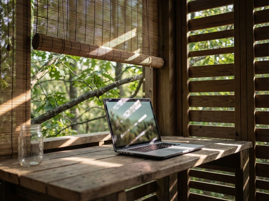 A treehouse office, laptop on a rough-hewn plank desk, branches visible through open slat walls (eftnh)