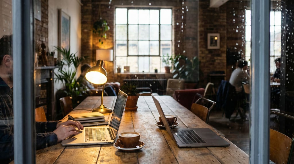 A shared modern coworking table with two laptops facing each other, flat whites between them (ssrbtkjl)