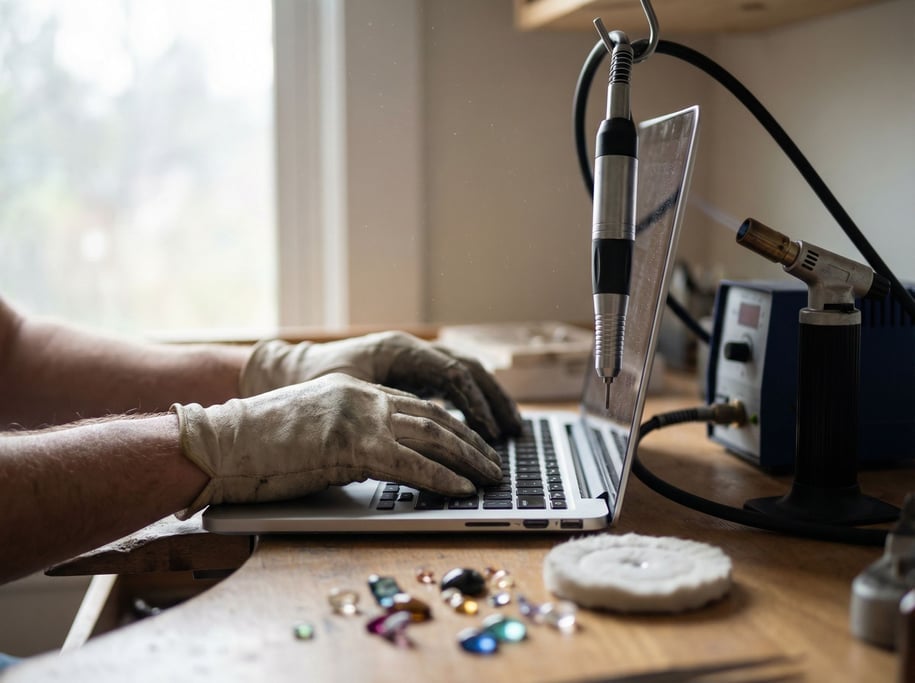 A jeweler's bench workspace, laptop squeezed between a flex shaft tool and a soldering station (x9fakgh)