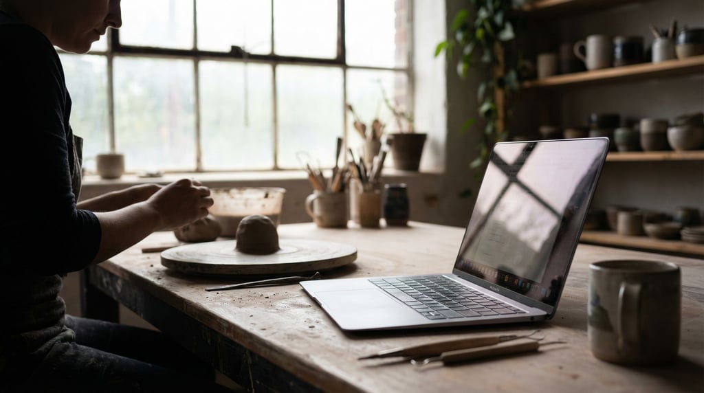 A ceramicist's workbench doubling as a desk, laptop next to a pottery wheel (clnjgpij)