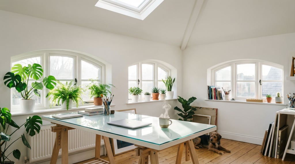 A bright airy studio with white walls, large windows, a glass desk with a slim laptop (k85a1o5e)