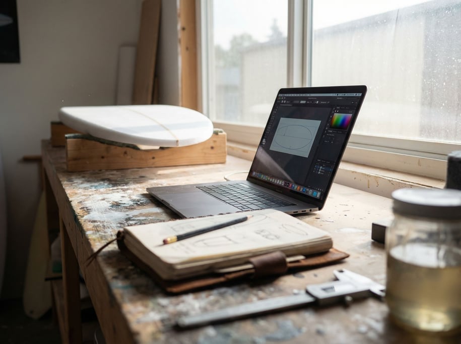 A surfboard shaper's workshop office, laptop on a resin-stained bench (vb)
