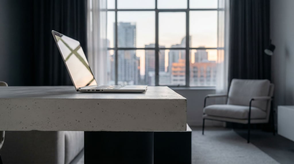 A modern studio apartment workspace, laptop on a white concrete desk (t6elpj7t)