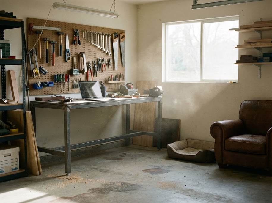 A converted garage workshop, laptop on a steel workbench, tools hanging on pegboard behind (ak)
