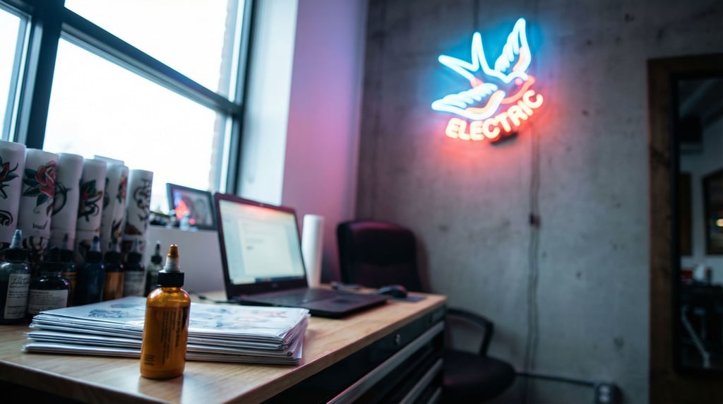 A tattoo parlor office nook, laptop next to flash sheets and ink bottles (kjxn1ept)