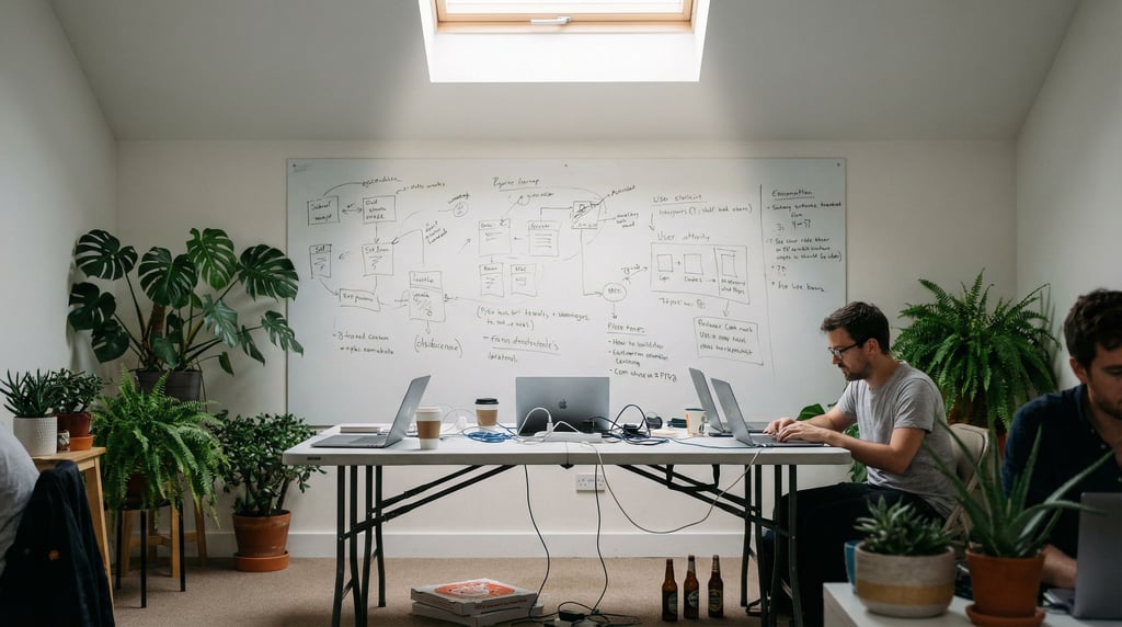 A startup garage office, whiteboard covered in scribbled diagrams behind a folding table with three (497h)