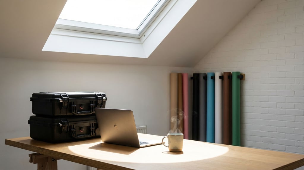 A photography studio office area, laptop next to lighting equipment cases (jqnymobe)