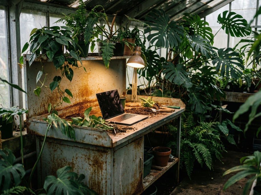 A greenhouse workspace, laptop on a metal potting bench (zwynanhn)