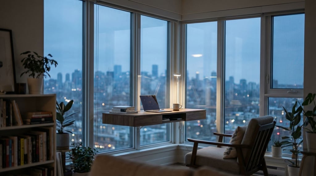 A penthouse home office with wraparound windows, slim desk floating against the glass (uj6nbutk)
