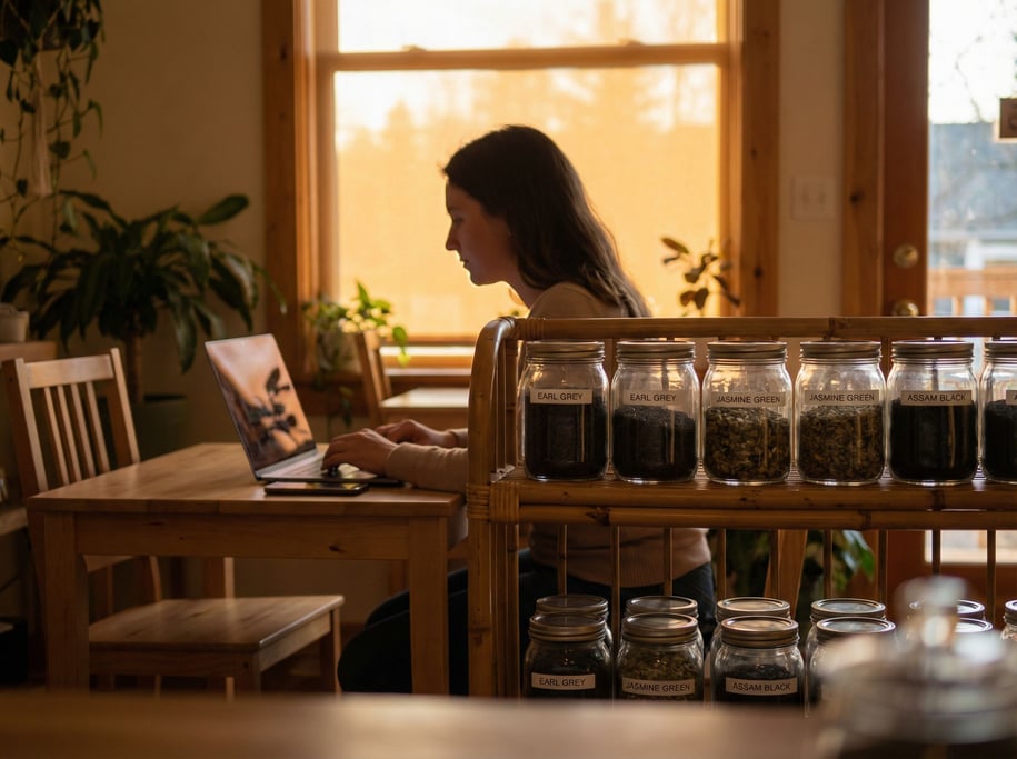 A tea shop back office, laptop next to rows of labeled tea canisters, bamboo shelf, warm amber light (rin0b4og)
