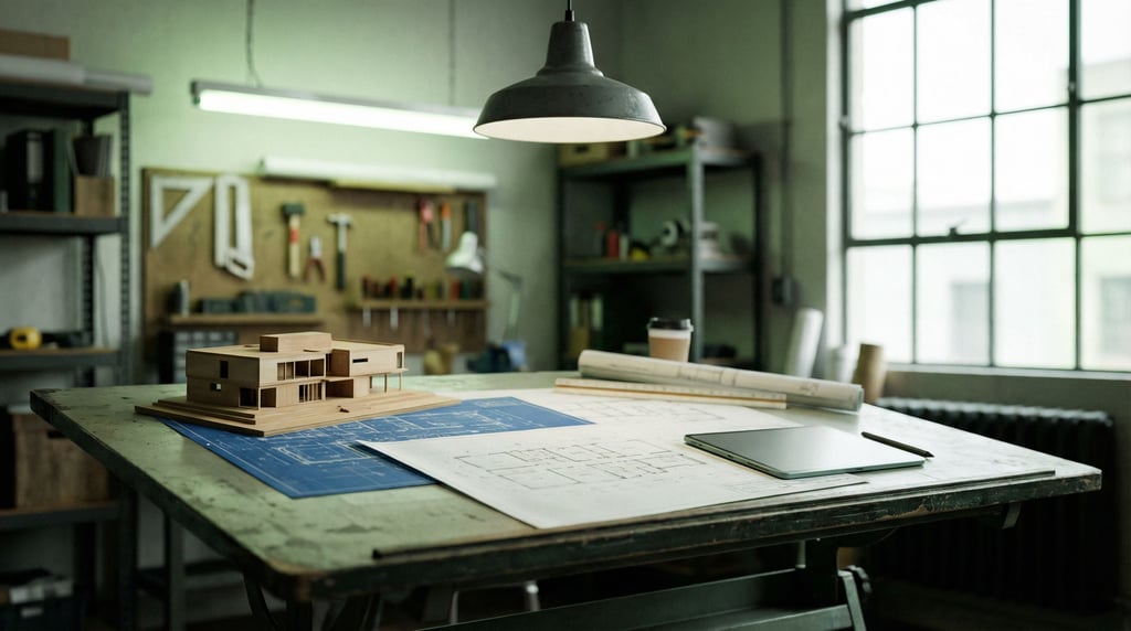 An architect's drafting table with blueprints, a scale model, and a slim tablet (ngnapifi)
