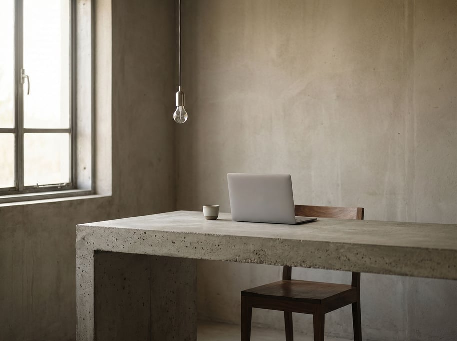A brutalist concrete office interior, slim laptop on a poured concrete desk, single pendant bulb (dxnvhj5v)