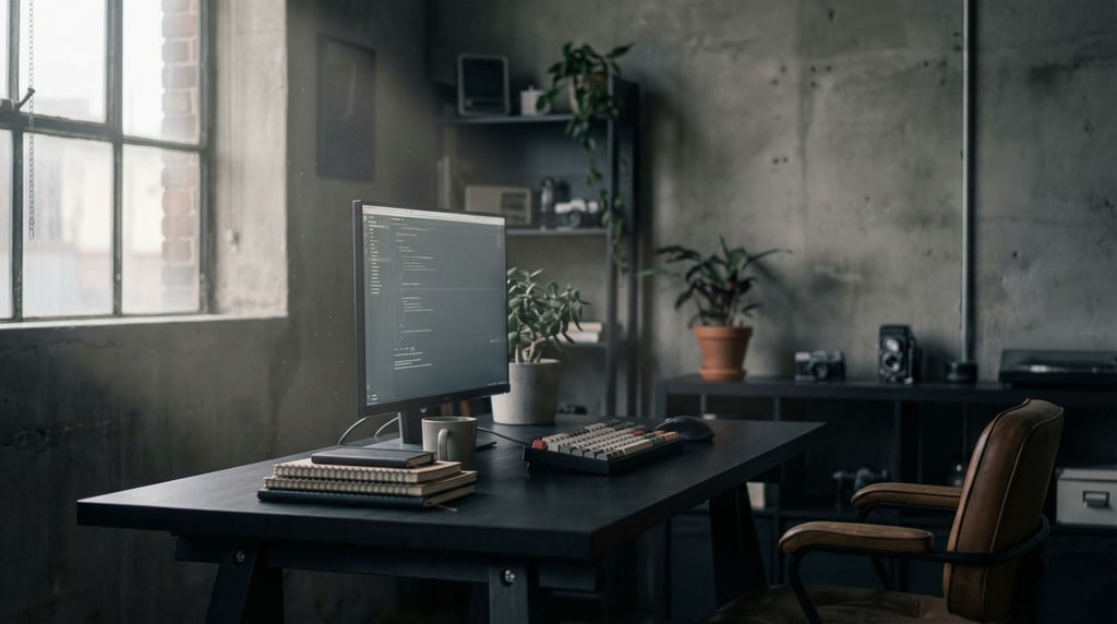 A dark moody workspace with a matte black desk, mechanical keyboard (ccpsdhcs)