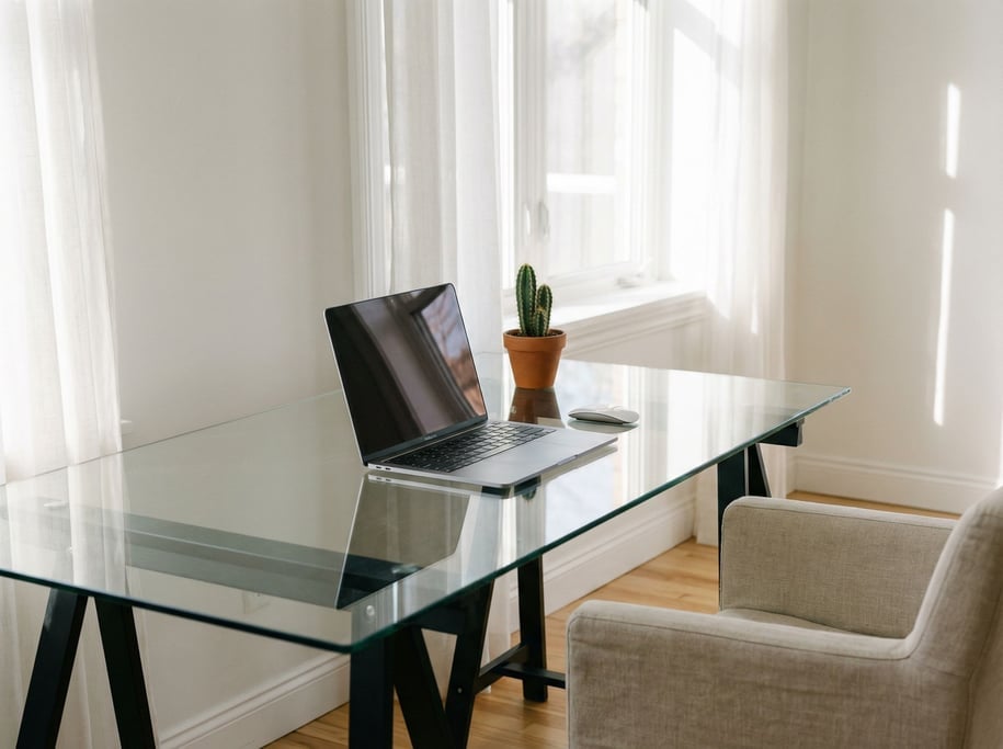 A glass-top desk with a slim laptop, wireless mouse, and a small cactus (wupa6mmg)