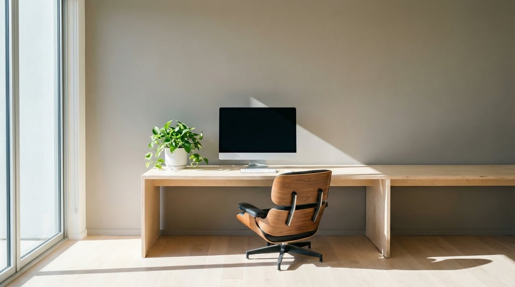 Frontal symmetrical view of a zen-inspired workspace
