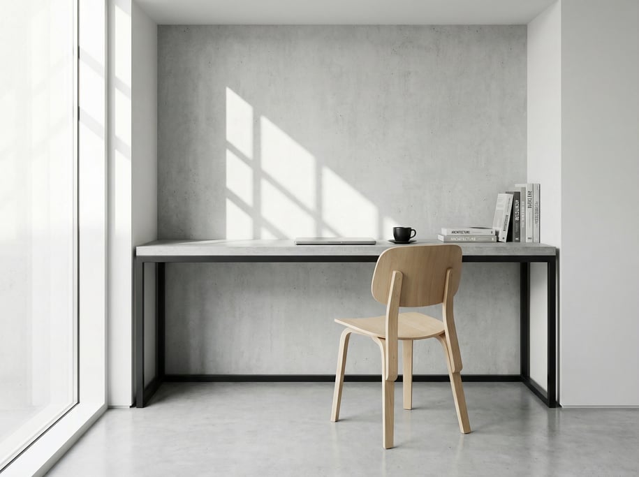Wide-angle architectural shot of a built-in alcove workspace