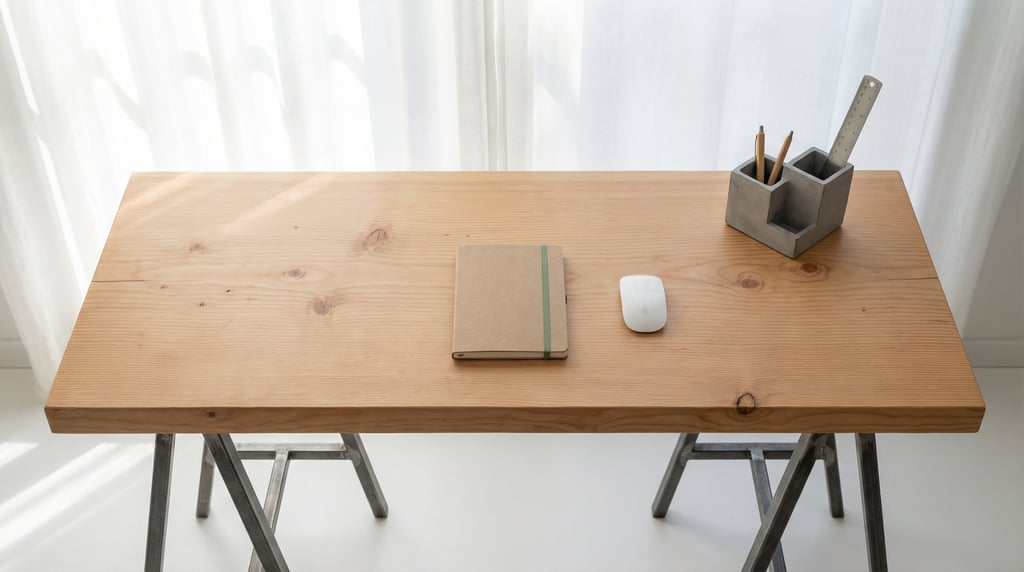 Overhead bird's-eye view looking directly down at a clean chunky douglas fir beam desk on raw steel